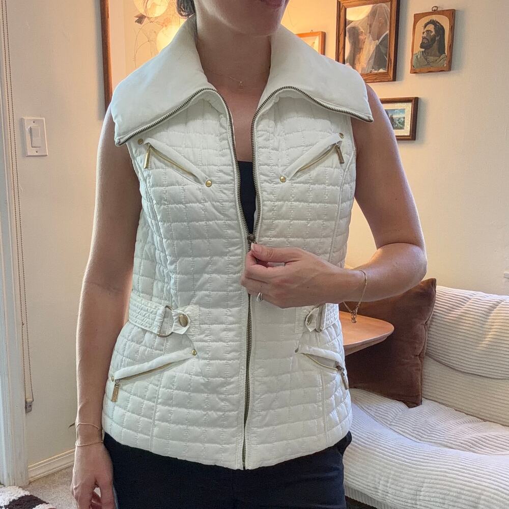 Brandon Thomas White Quilted Puffer Vest Size M Gold Zip Snap Belt